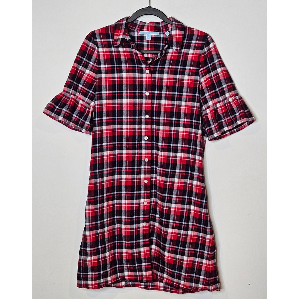 Draper James Boyfriend Plaid Shirt Dress Size 6 Patriotic Flannel Ruffle Sleeve